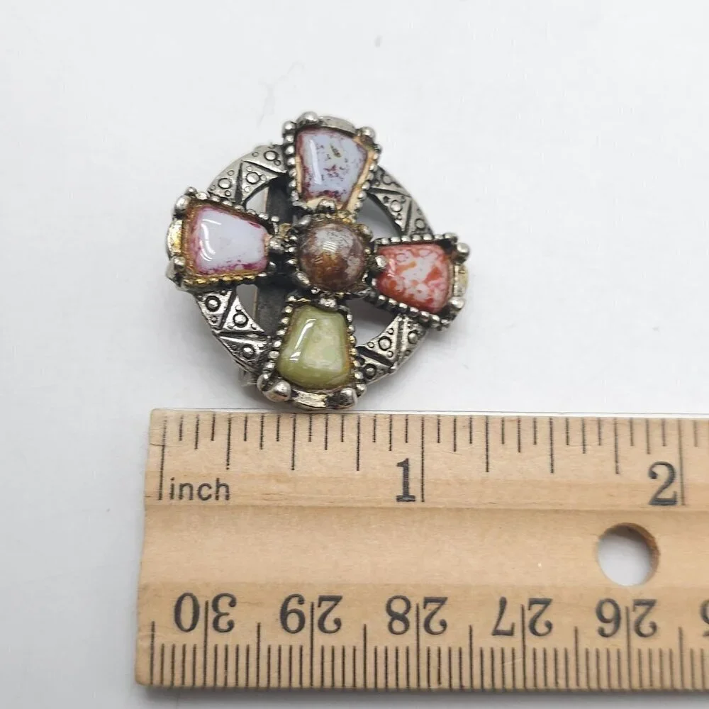 Vintage Celtic Style Brooch With Multi Color Stones Silver Tone